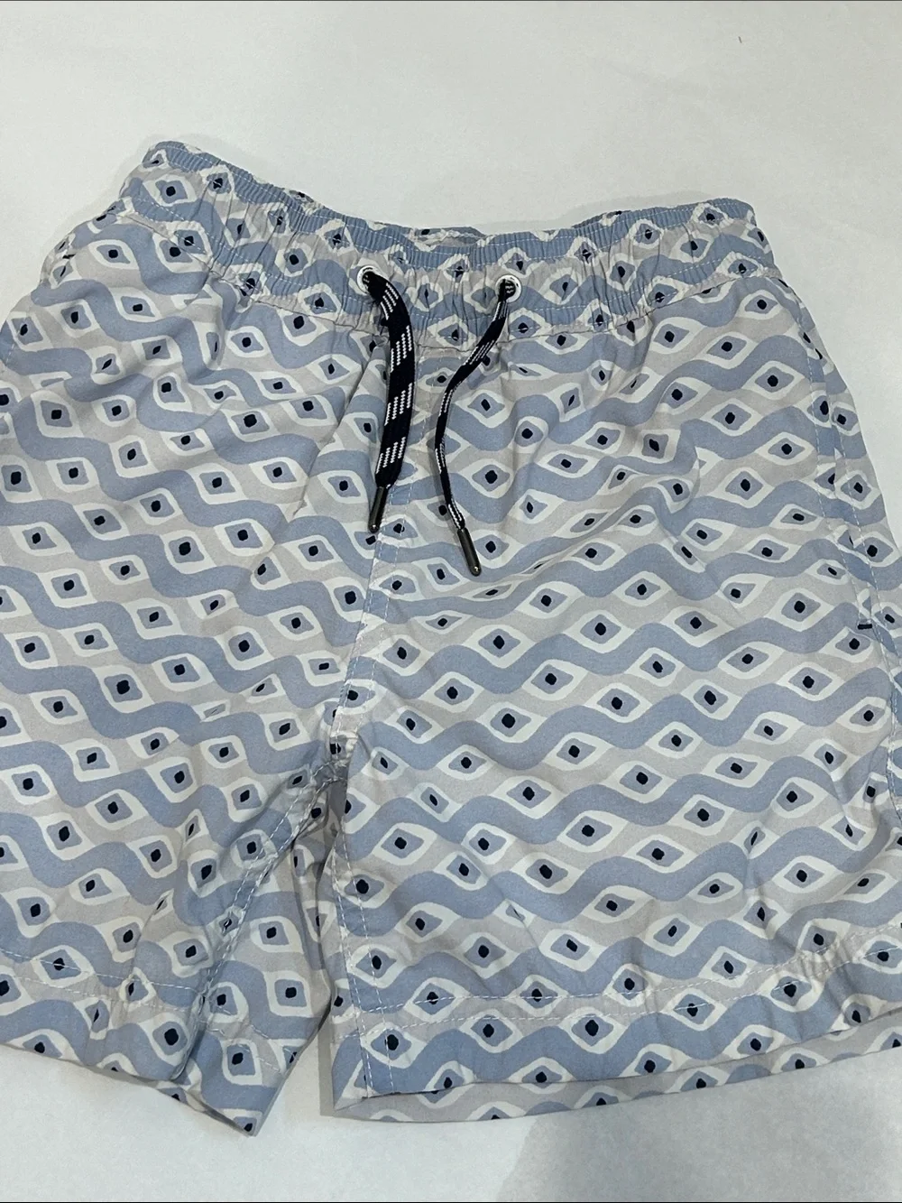 Crewcuts Boys Light Blue Geometric Swim Trunks small size 6 bathing suit
